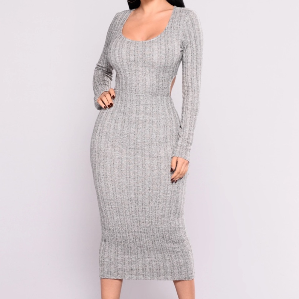 Fashion Nova gray rib long sleeve Bodycon midi dress
